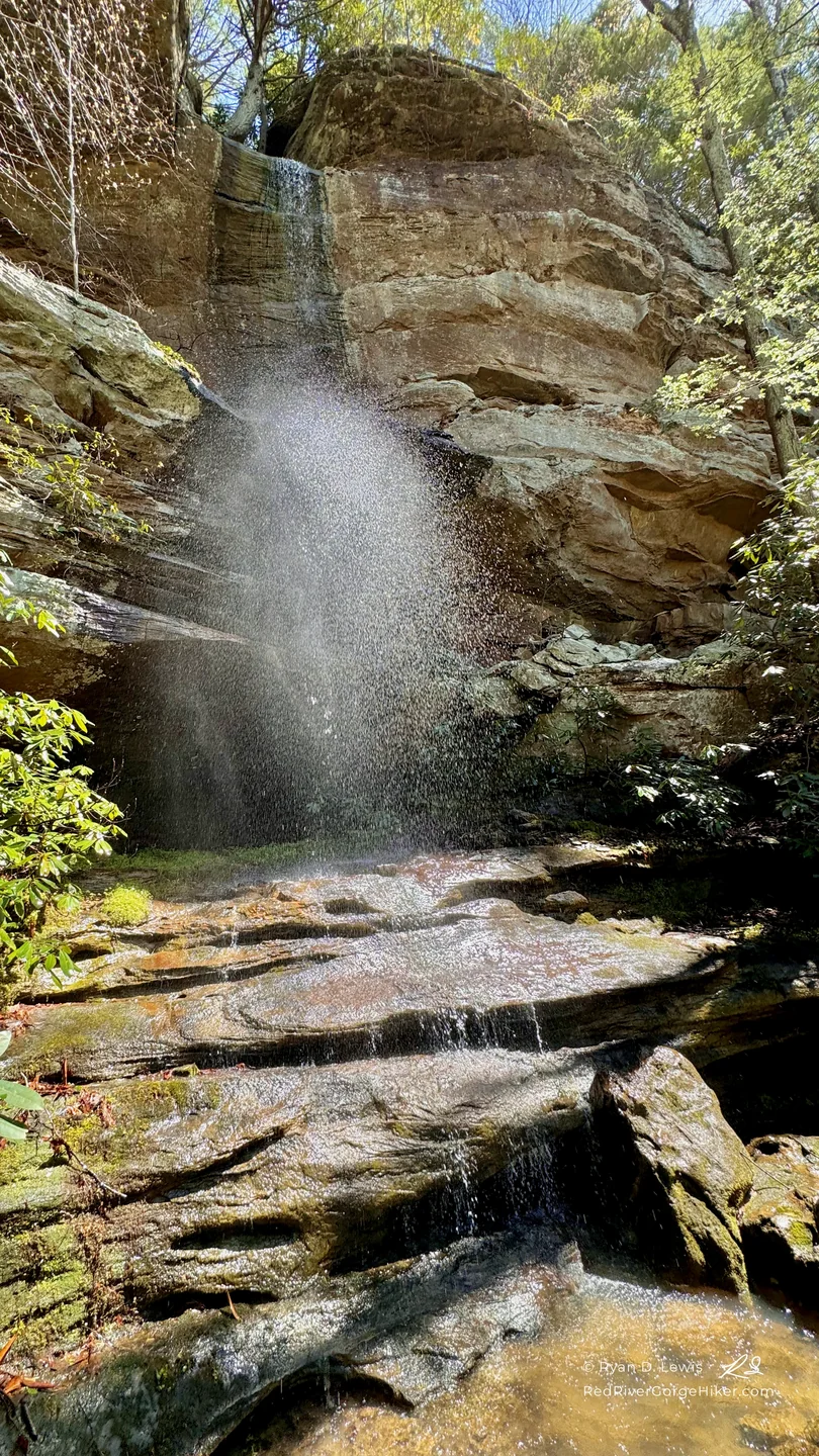 Splatter Falls descending through four sandstone drops into an amber pool in the Red River Gorge.