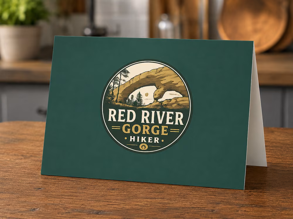 Red River Gorge Hiker logo greeting card displayed as a folded green card mockup.