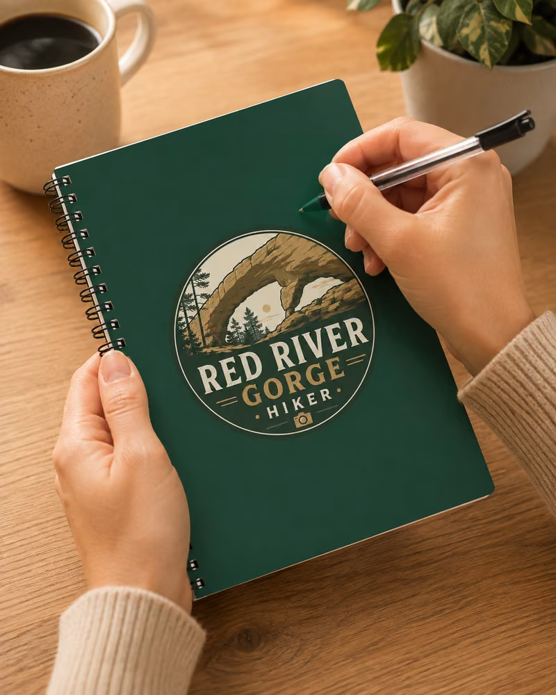 Green spiral notebook with the Red River Gorge Hiker logo being held and written in.