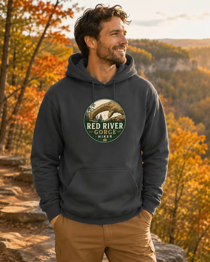 Man wearing a dark Red River Gorge Hiker logo pullover sweatshirt outdoors in autumn.
