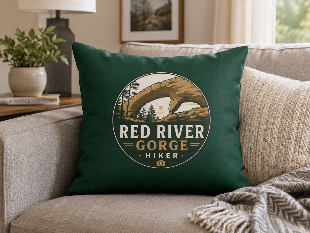Green Red River Gorge Hiker logo throw pillow on a light-colored sofa.