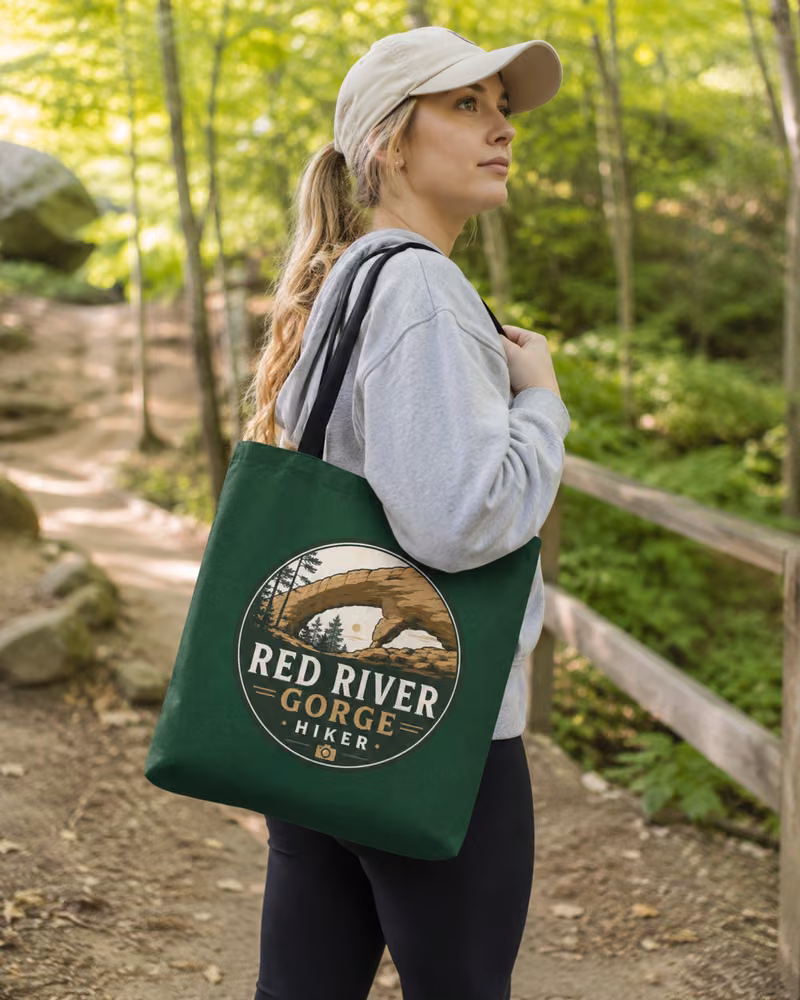 Person carrying a green Red River Gorge Hiker logo tote bag outdoors.