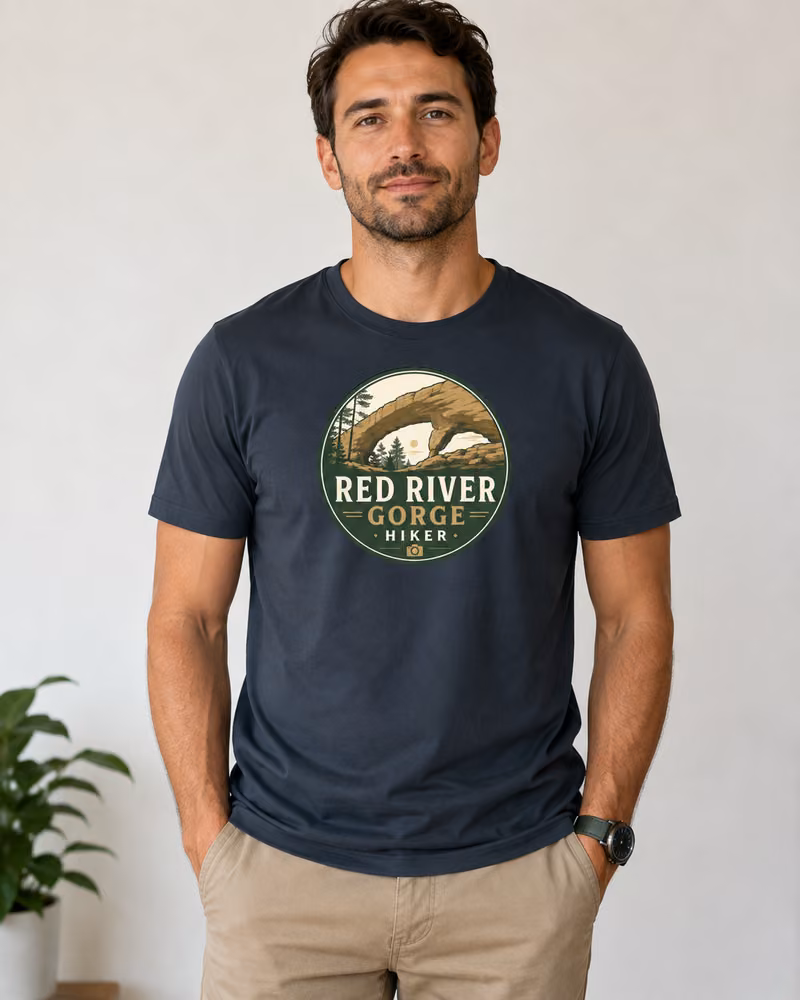Charcoal T-shirt with a large Red River Gorge Hiker logo centered on the chest.