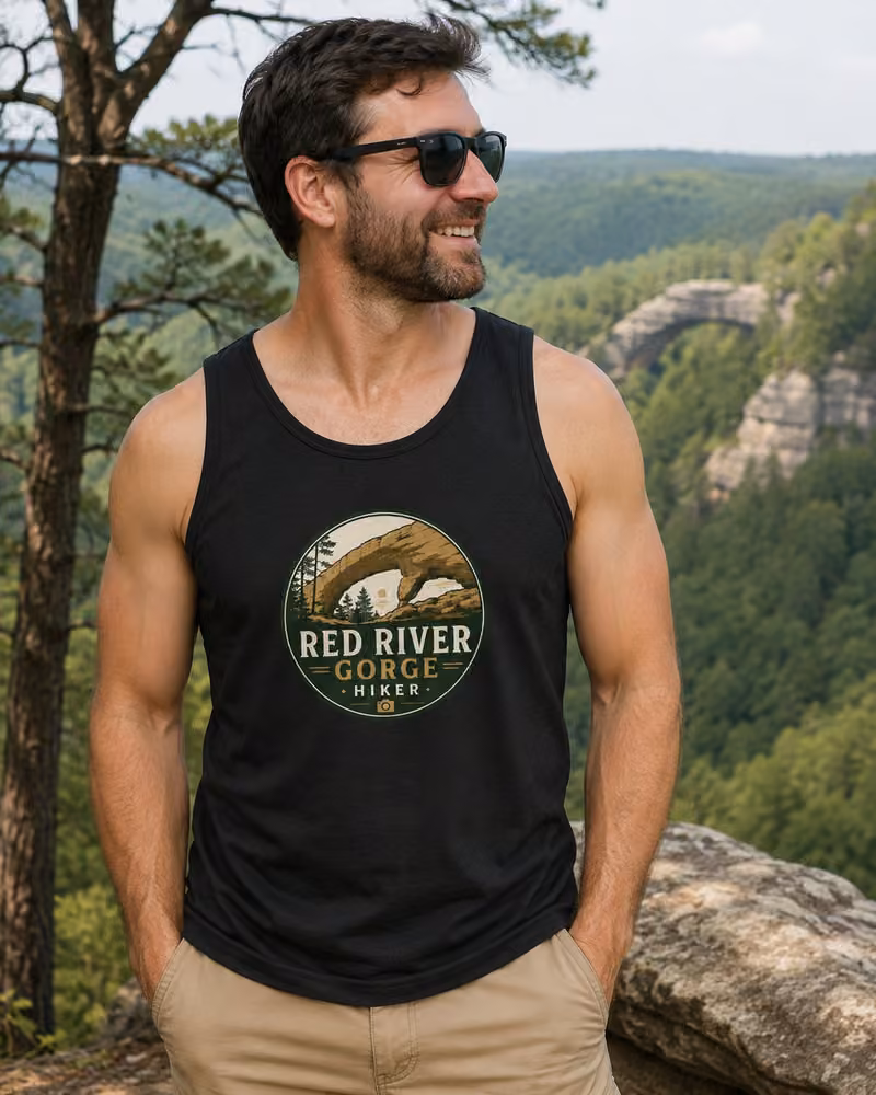 Man wearing a dark Red River Gorge Hiker tank top with the logo centered on the chest at a gorge overlook.