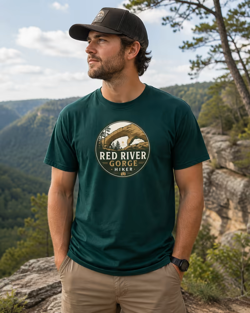 Man wearing a green regular-fit Red River Gorge Hiker logo T-shirt outdoors in the Red River Gorge.